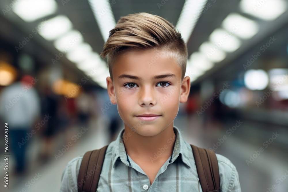 Close-up portrait photography of a glad kid male wearing a casual short-sleeve shirt against a bustling subway station background. With generative AI technology Close-up portrait photography of a glad kid male wearing a casual short-sleeve shirt against a bustling subway station background. With generative AI technology