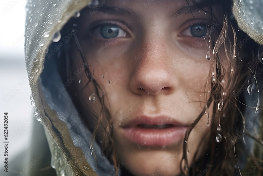 Close up portrait of caucasian brunette blue eyes in old grey hoody in wet face, droplet of water are on over the head and face