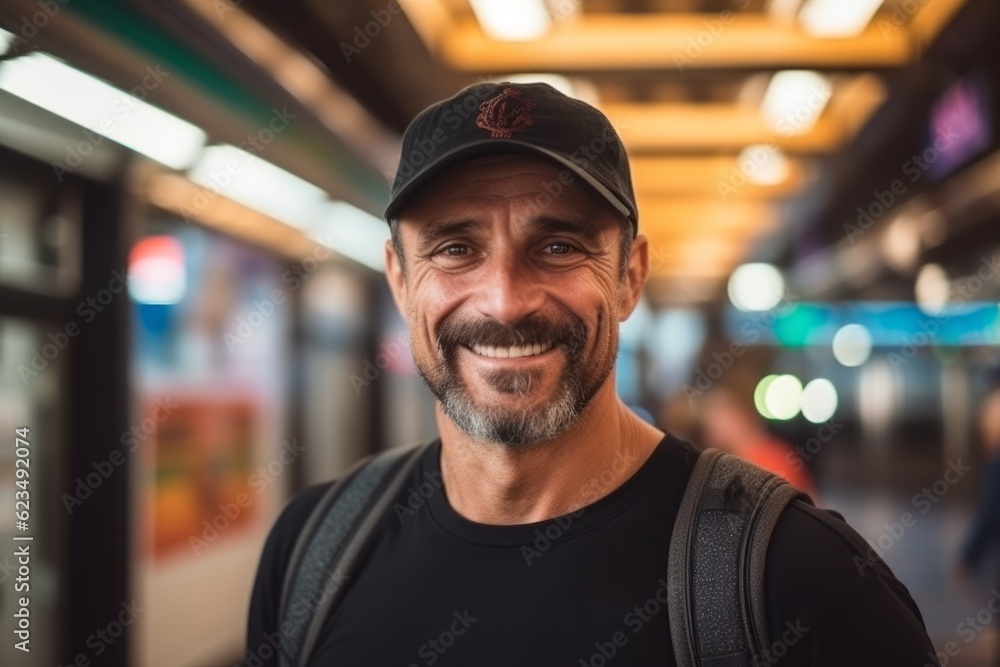 Medium shot portrait photography of a grinning mature man wearing a cool cap against a bustling subway station background. With generative AI technology Medium shot portrait photography of a grinning mature man wearing a cool cap against a bustling subway station background. With generative AI technology