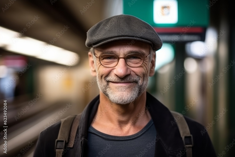 Medium shot portrait photography of a grinning mature man wearing a cool cap against a bustling subway station background. With generative AI technology Medium shot portrait photography of a grinning mature man wearing a cool cap against a bustling subway station background. With generative AI technology