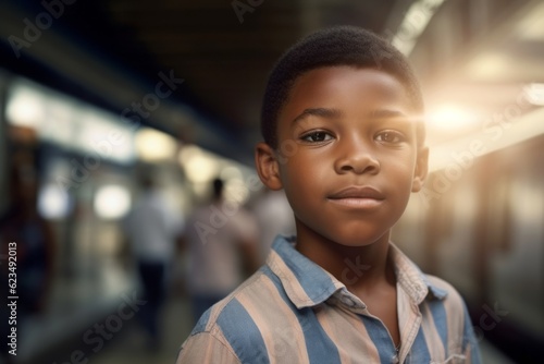 Close-up portrait photography of a glad kid male wearing a casual short-sleeve shirt against a bustling subway station background. With generative AI technology