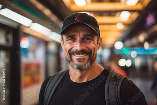 Medium shot portrait photography of a grinning mature man wearing a cool cap against a bustling subway station background. With generative AI technology