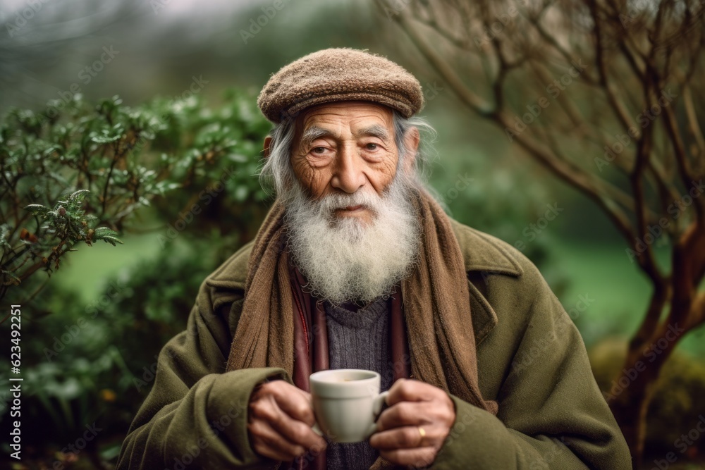 Three-quarter studio portrait photography of a tender old man wearing a warm parka against a serene tea garden background. With generative AI technology Three-quarter studio portrait photography of a tender old man wearing a warm parka against a serene tea garden background. With generative AI technology