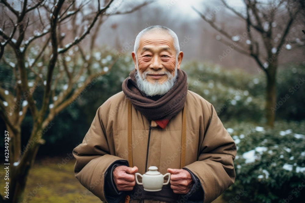 Three-quarter studio portrait photography of a tender old man wearing a warm parka against a serene tea garden background. With generative AI technology Three-quarter studio portrait photography of a tender old man wearing a warm parka against a serene tea garden background. With generative AI technology