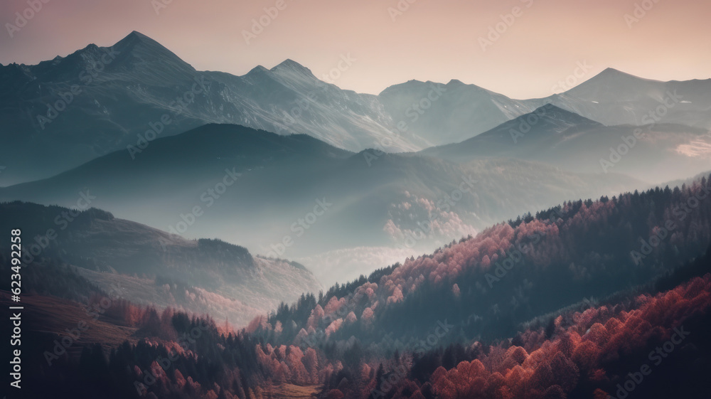 Background Abstract Misty Mountain Range Colourful Wallpaper Digital Art Gradiant Pastel Dramatic Backdrop. Generative AI