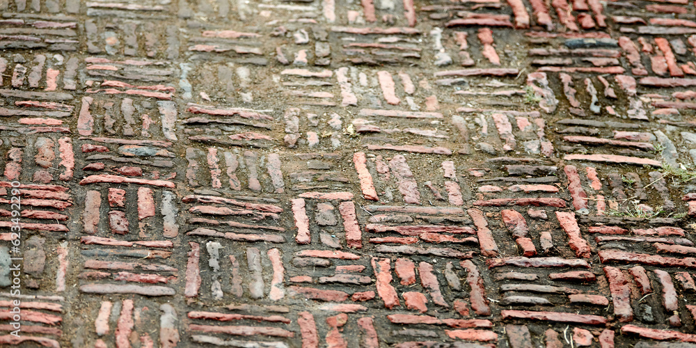 Fototapeta premium Old indian brickwork in Agra red fort, masonry walkway covered with green moss unusual patterns, red brick masonry pattern on ground, ancient indian style stonework bricks