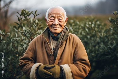 Three-quarter studio portrait photography of a tender old man wearing a warm parka against a serene tea garden background. With generative AI technology