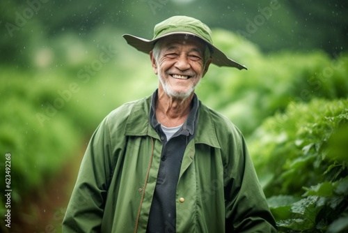 Urban fashion portrait photography of a grinning old man wearing a lightweight windbreaker against a serene tea garden background. With generative AI technology