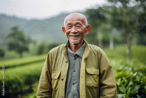Urban fashion portrait photography of a grinning old man wearing a lightweight windbreaker against a serene tea garden background. With generative AI technology © Markus Schröder