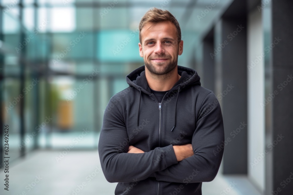 Close-up portrait photography of a satisfied boy in his 30s wearing a comfortable tracksuit against a modern office building background. With generative AI technology Close-up portrait photography of a satisfied boy in his 30s wearing a comfortable tracksuit against a modern office building background. With generative AI technology