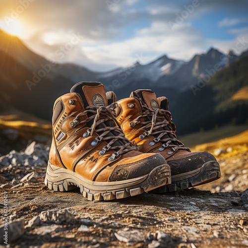 Photo of a pair of hiking boots resting on a rugged rock in the wilderness.generative ai