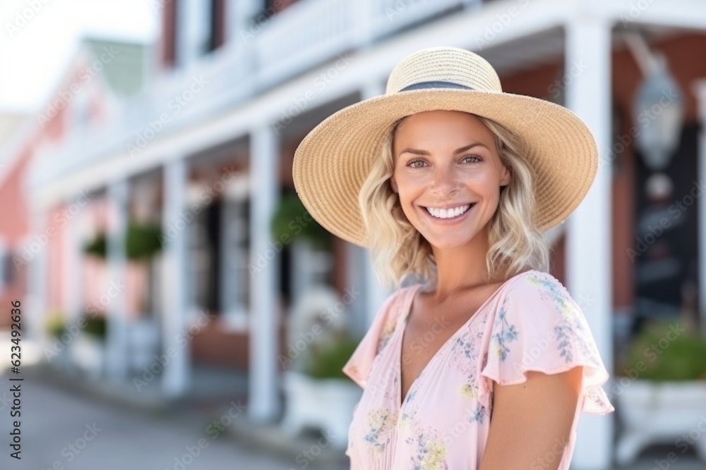 Medium shot portrait photography of a happy mature girl wearing a trendy bikini and straw hat against a historic colonial village background. With generative AI technology