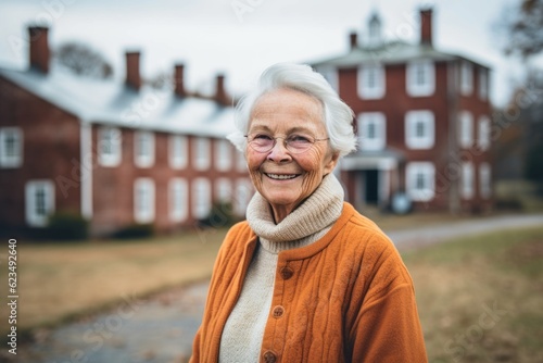 Headshot portrait photography of a happy old woman wearing a cozy sweater against a historic colonial village background. With generative AI technology