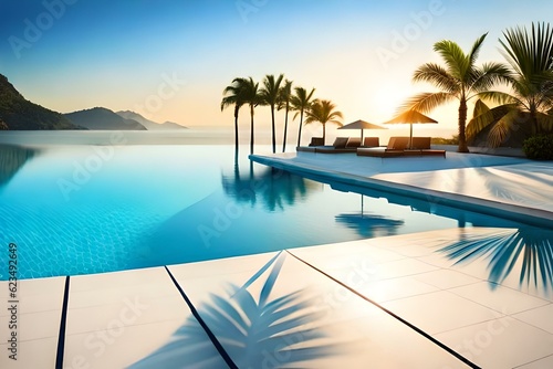 Summer tropical background. Swimming pool with tropical leaf shadow