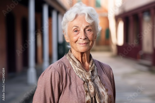 Three-quarter studio portrait photography of a glad old woman wearing a sophisticated blouse against a historic colonial village background. With generative AI technology
