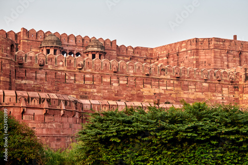 Walls of Agra red fort in India  view from main entrance Amar Singh Gate to beautiful ancient building  red fort in Agra built of red sandstone  Lal Qila historical ancient building