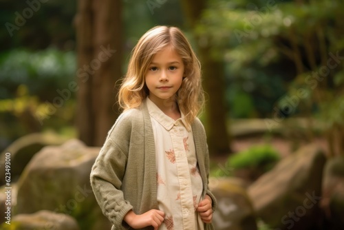 Studio portrait photography of a glad kid female wearing a chic cardigan against a tranquil japanese garden background. With generative AI technology
