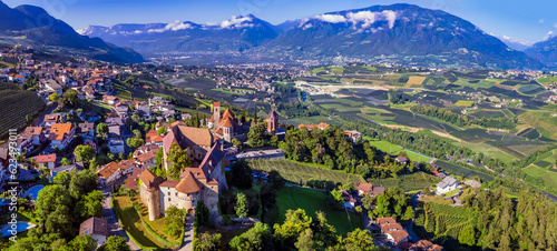 Tourism in northen Italy.  Traditional picturesque mountain village Schenna (Scena) near Merano town in Trentino - Alto Adige region. aerial drone high angle view