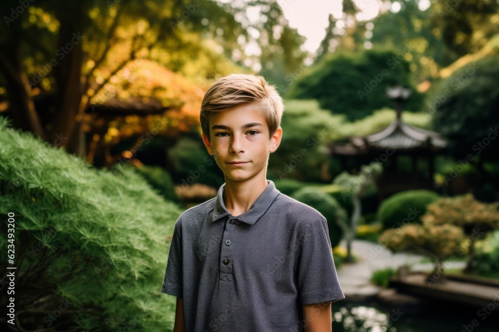 Eclectic portrait photography of a glad mature boy wearing a sporty polo shirt against a tranquil japanese garden background. With generative AI technology Eclectic portrait photography of a glad mature boy wearing a sporty polo shirt against a tranquil japanese garden background. With generative AI technology