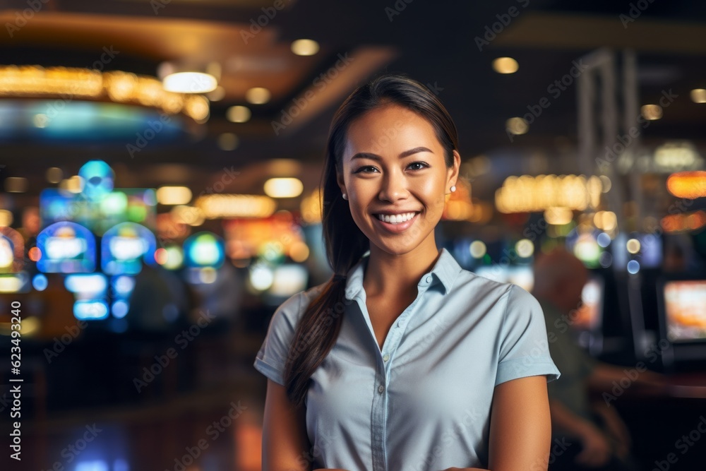 Environmental portrait photography of a satisfied girl in her 30s wearing a casual short-sleeve shirt against a bustling casino background. With generative AI technology Environmental portrait photography of a satisfied girl in her 30s wearing a casual short-sleeve shirt against a bustling casino background. With generative AI technology