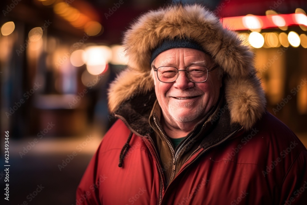 Studio portrait photography of a grinning old man wearing a warm parka against a bustling casino background. With generative AI technology