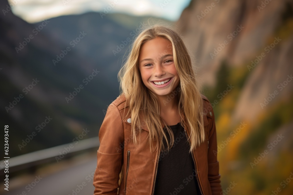 Three-quarter studio portrait photography of a grinning kid female wearing a trendy leather jacket against a scenic canyon background. With generative AI technology Three-quarter studio portrait photography of a grinning kid female wearing a trendy leather jacket against a scenic canyon background. With generative AI technology