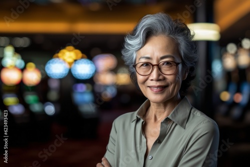 Close-up portrait photography of a glad mature girl wearing an elegant long-sleeve shirt against a bustling casino background. With generative AI technology