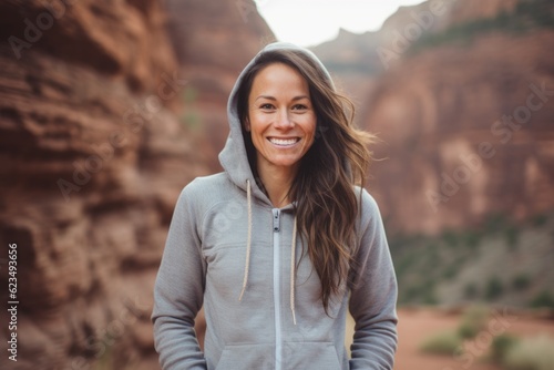 Lifestyle portrait photography of a happy girl in her 30s wearing a comfortable hoodie against a scenic canyon background. With generative AI technology