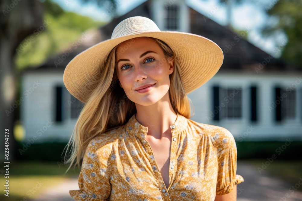 Casual fashion portrait photography of a glad girl in her 30s wearing a stylish sun hat against a historic plantation background. With generative AI technology