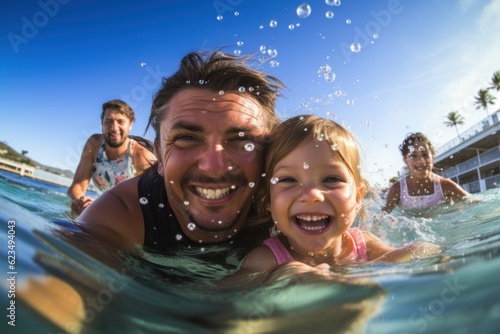 a photo of a cute lovely family with their children swimming in the water on vacation. parents with their kids. sunny beach day. enjoying time together. Generative AI