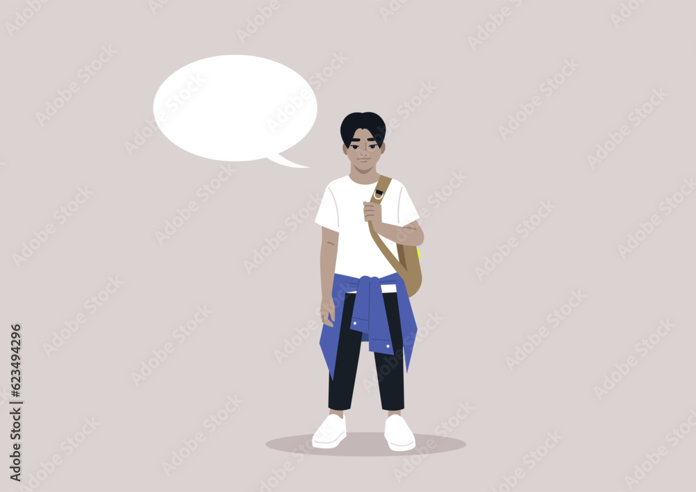 A full body portrait of a school kid carrying a backpack on one strap, a comic book speech bubble with a copy space beside A full body portrait of a school kid carrying a backpack on one strap, a comic book speech bubble with a copy space beside