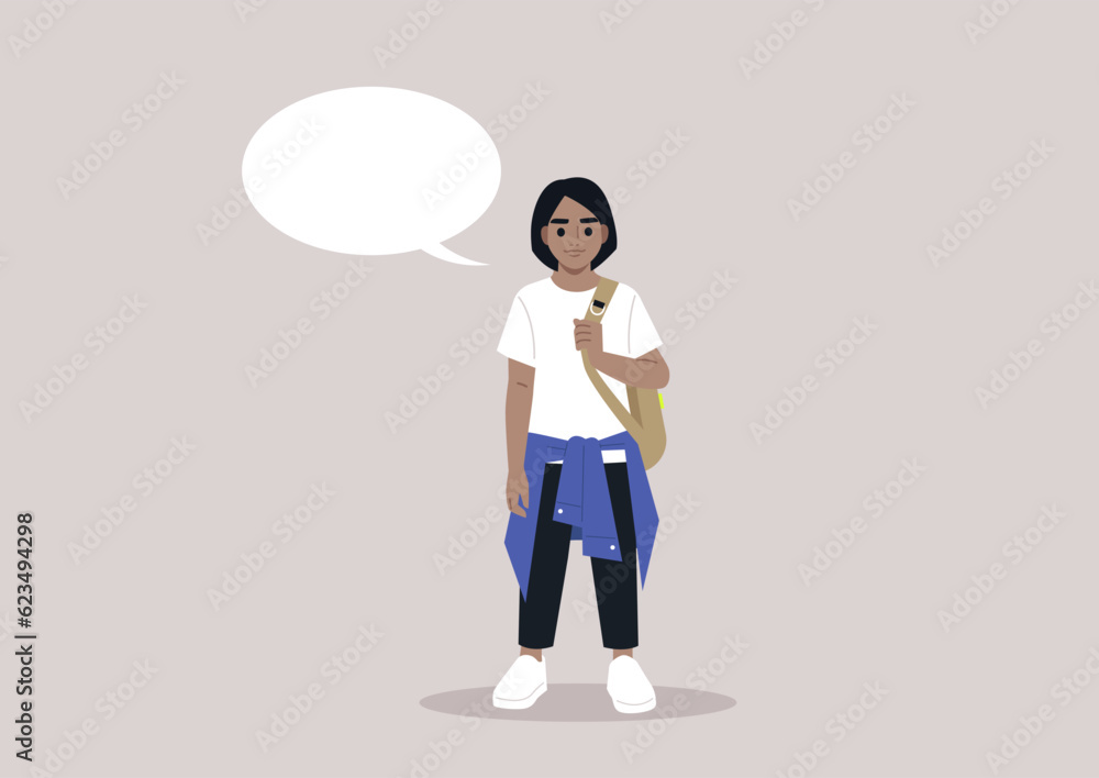 A full body portrait of a school kid carrying a backpack on one strap, a comic book speech bubble with a copy space beside A full body portrait of a school kid carrying a backpack on one strap, a comic book speech bubble with a copy space beside