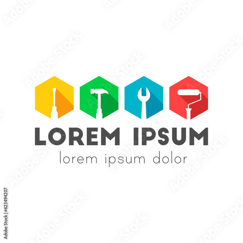 Work tools as icons and logo concept. Colorful work tool icon set with screwdriver, hammer, wrench, paint roller and yellow, green, blue, red color isolated in white background.