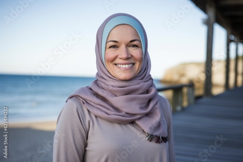 Headshot portrait photography of a satisfied mature woman wearing hijab against a picturesque beach boardwalk background. With generative AI technology