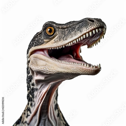 a roaring dinosaur in a dramatic close-up shot