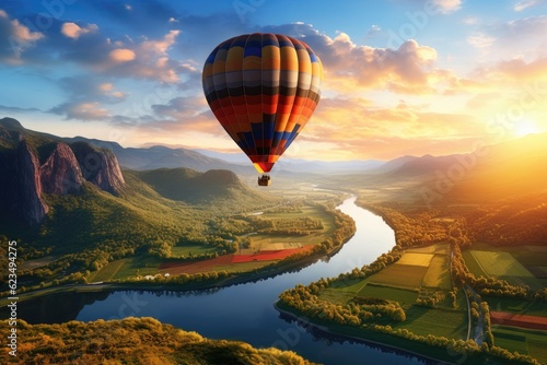 Beautiful view of mountains and lake, aerostat fly hot baloon