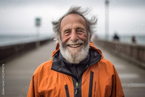 Conceptual portrait photography of a grinning old man wearing a lightweight windbreaker against a picturesque beach boardwalk background. With generative AI technology