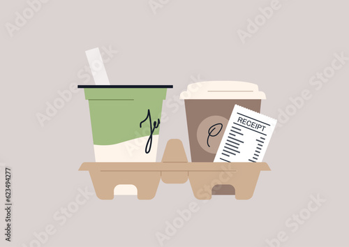 Drinks to go in a carton disposable cupholder, matcha latte and coffee, modern lifestyle