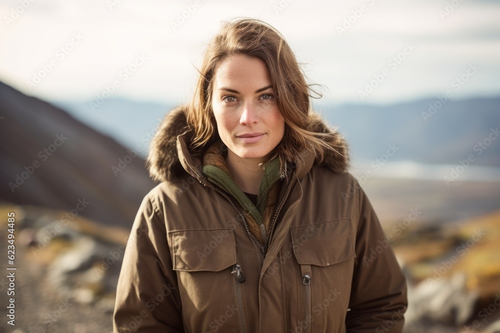 Studio portrait photography of a glad girl in her 30s wearing a warm parka against a scenic mountain overlook background. With generative AI technology Studio portrait photography of a glad girl in her 30s wearing a warm parka against a scenic mountain overlook background. With generative AI technology