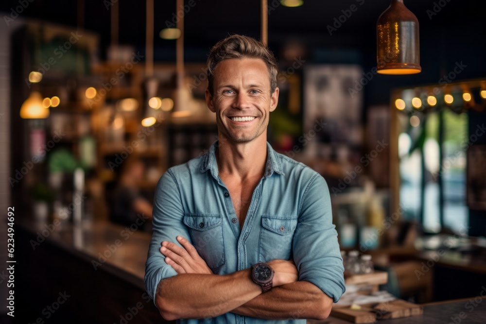 Eclectic portrait photography of a grinning boy in his 30s wearing a casual t-shirt against a bustling cafe background. With generative AI technology Eclectic portrait photography of a grinning boy in his 30s wearing a casual t-shirt against a bustling cafe background. With generative AI technology