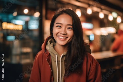 Close-up portrait photography of a joyful girl in her 30s wearing a cozy zip-up hoodie against a bustling cafe background. With generative AI technology