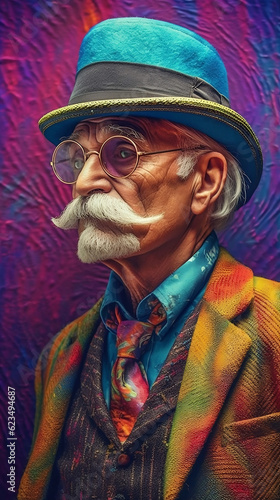 Portrait of old gentleman in vibrant colorful suits and blue hat with white mustache and beard wearing round glasses standing in front of colorful wall