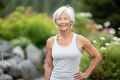 Editorial portrait photography of a satisfied mature woman wearing a sporty tank top against a serene rock garden background. With generative AI technology