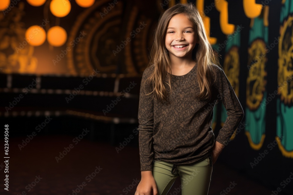 Three-quarter studio portrait photography of a satisfied kid female wearing a versatile pair of leggings against a lively comedy club background. With generative AI technology