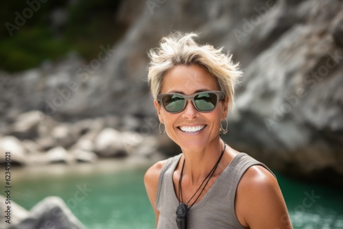 Sports portrait photography of a satisfied mature girl wearing a trendy sunglasses against a serene rock garden background. With generative AI technology