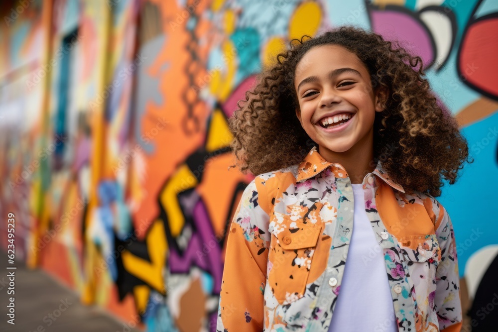 Fototapeta premium Editorial portrait photography of a happy kid female wearing a classy button-up shirt against a vibrant street mural background. With generative AI technology
