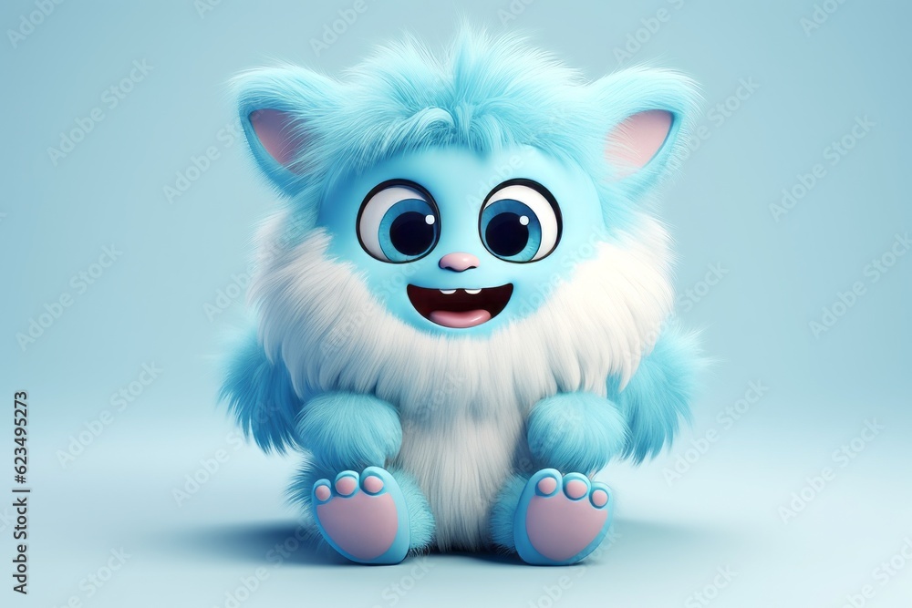 Cute blue furry monster 3D cartoon character.