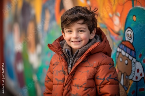 Studio portrait photography of a glad kid male wearing a cozy winter coat against a vibrant street mural background. With generative AI technology