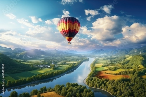 Beautiful view of mountains and lake, aerostat fly hot baloon