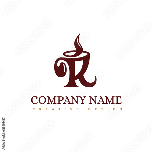 Initial Letter R Logo. Monogram with mug coffee or tea. Coffee shop icon. Aroma symbol. Hot drink cup sign. Vector simply emblem isolated on white background. Design Template Element